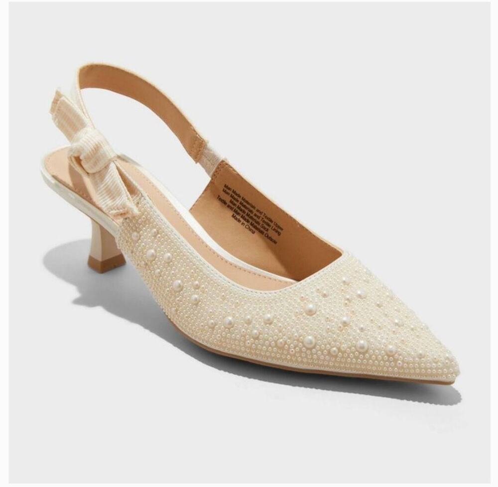 A New Day Milan Pearl Slingback Kitten Heels Ivory Pointed Toe Size 8.5